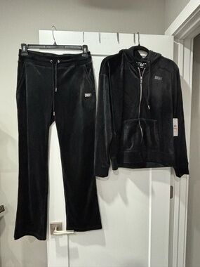 DKNY Black Velour Zip Hoodie and Drawstring Pants Set
